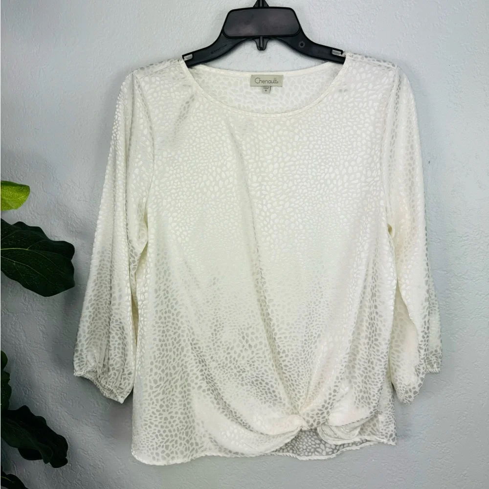 Chenault Silver Satin Leopard Print Front Knot Long Sleeve top